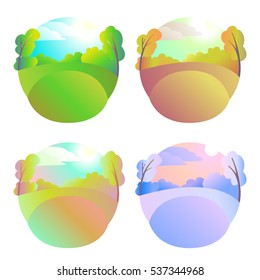 Set of bright vector natural backgrounds. Four seasons in nature - summer, winter, fall, spring. City park or vacation woods at different times the year