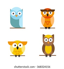 Set of bright vector owls, who are sitting on a tree branch. Cute owls cartoon characters made in line art style.
