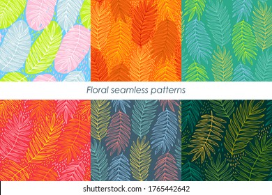 Set of bright vector patterns. Seamless patterns with tropical palm leaves. Collection colorful floral patterns. For print, fabric, textile, wrapping, paper.