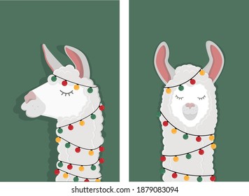 Set of bright vector postcard templates with the image of a llama. Christmas funny alpaca wrapped in a Christmas tree garland.