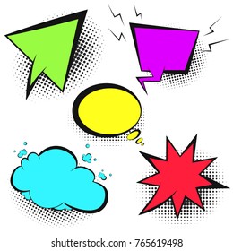 Set of bright vector retro color comic speech bubbles with black halftone shadow in pop art style. Black outline colorful balloons for comics book or advertisement text, web design