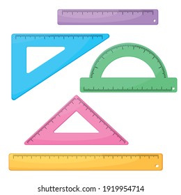 A set of bright vector rulers of different shapes. Protractor, triangular rulers. Flat style illustration isolated on white background.
