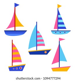 Set of bright vector ships in cartoon style. Cute child transport. Colorful illustration. Sea travelling.