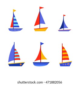 Set of bright vector ships in cartoon style. Cute child transport. Colorful illustration. Sea travelling.