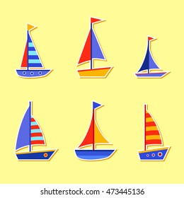 Set of bright vector ships in cartoon style on a yellow background. Cute child transport. Colorful illustration. Sea travelling. 