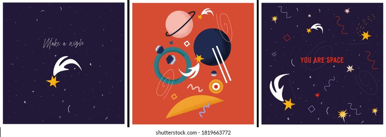 Set of bright vector space greeting cards with planet, stars, meteorites and geometric shapes. Space texture backgrounds. Starry sky and abstraction. Cards on the theme of cosmonautics or astronomy.