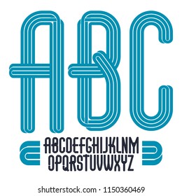 Set of bright vector tall upper case funky English alphabet letters with parallel lines, for use as retro poster design elements for fun club or concert advertising.