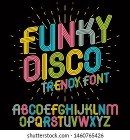 Set of bright vector upper case funky English alphabet letters isolated, for use in logo design for nightclub advertising