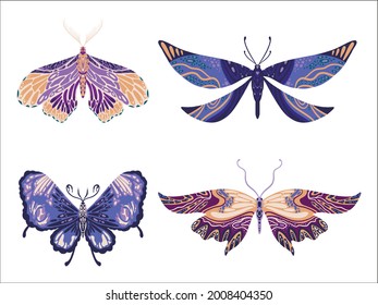 Un conjunto de mariposas vintage vectoriales brillantes