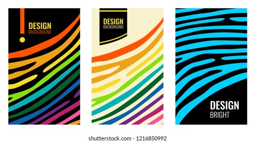 Set Bright vertical abstract colorful poster. Color strips on black backdrop. Modern background for cover design, flyer with space for text. Vector illustration.