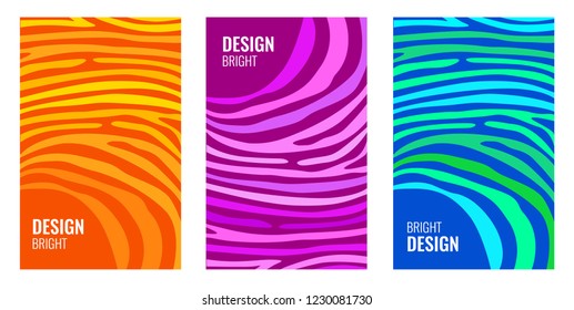 Set Bright vertical abstract cover. Color strips on dark backdrop. Modern background for cover design, flyer with space for text. Vector illustration.