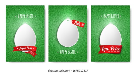 Juego de banderas verticales brillantes con huevos para la venta de Semana Santa. Banderas, carteles, plantillas de diseño de portada, historias de medios sociales. Ilustración vectorial de material. 