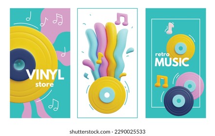 Set of bright vertical flyers about retro music 3D style, vector illustration isolated on white background. Colorful vinyl records, store, decorative designs collection for advertising