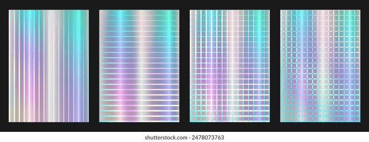 Set of Bright vertical glowing background with holographic metallic effect.Сheckered, striped. Trendy wallpaper of modern design for flyer, website, cover, brochure, presentation, banner. Vector EPS10