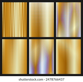 Set of bright vertical glowing gold template with holographic metallic effect. Dotted background with hearts. Trendy wallpaper of modern design for flyers, websites, covers, brochures, presentations.
