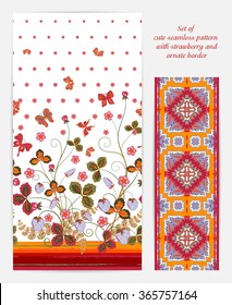 Set of Bright vertical seamless pattern with a orange brown strawberry, leaves flowers and butterfly on white background also ornate border (ribbon tape band edging )
