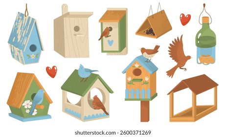 Set of bright vintage birdhouses with birds. House for small birds. Help for wild animals. Nature protection. Vector illustration isolated on transparent background.