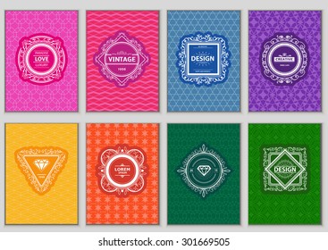 Set of Bright Vintage Labels, Logo, Frames, Floral Patterns and Brochures. 