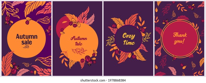 Set of bright violet-yellow-orange autumn banners with leaves, branches and juicy berries of wild rose and lingonberry. Set of cozy autumn illustrations for fall sale banner, invitation template, than