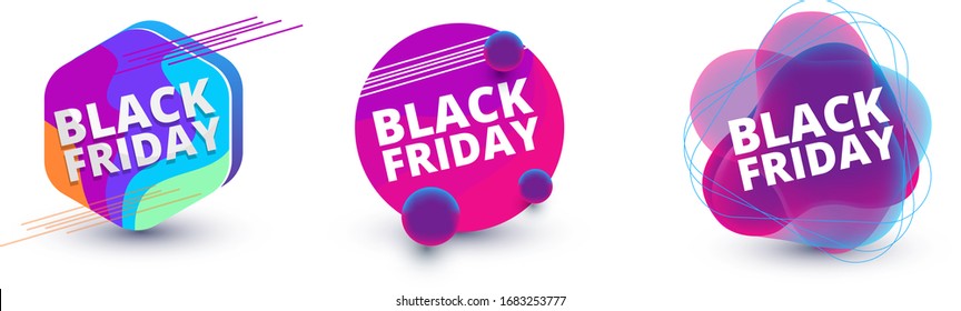 set of bright volumetric icons black friday