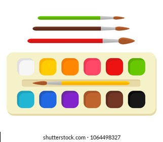 Set of bright watercolor paints in box with paint brushes. Colorful palette. Tools and accessories for designer, illustrator, artist. Artistic creative works, art, hobby, occupation. Vector