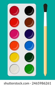 Set of bright watercolor paints in box with paint brush for kids. Colorful watercolour box. Different colors palette. Tool for designer, illustrator, artist. Vector illustration in flat style