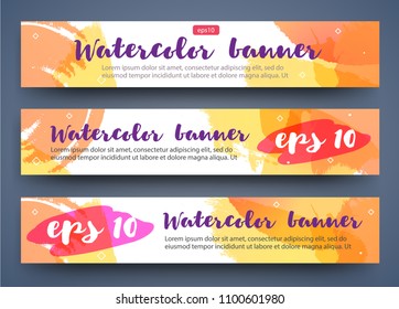 Set of bright watercolor summer banners for your design. Fruit drink, fashion, beauty.