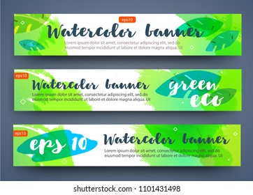 Set of bright watercolor summer banners for your design. Fruit drink, fashion, beauty, eco, plant.