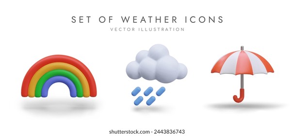 Set of bright weather icons in cartoon style. 3D rainbow, cloud with rain, umbrella