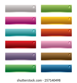 set of bright web buttons with lights, twelve variations isolated on white