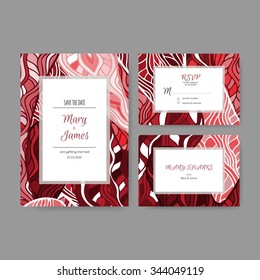 Set of bright wedding cards based on hand drawn red hearts pattern. Wedding invitation, or save the date, RSVP and thank you card for bridal design. 