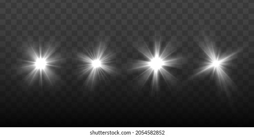 Set of bright white beautiful stars. Glow, radiance, glitter effect. Transparent shining sun, bright flash. Sun rays and spotlight. A collection of different glowing sparks, star. Vector illustration.