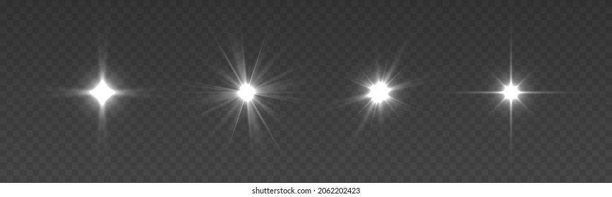 Set of bright white beautiful stars. Glow, radiance, glitter effect. Transparent shining sun, bright flash. Sun rays and spotlight. A collection of different glowing sparks, star. Vector illustration.