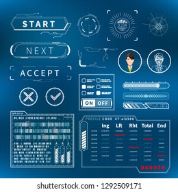 Set of bright white futuristic user interface elements on blue