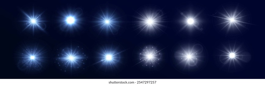 Conjunto de efectos de luz blanca brillante, resplandor, explosión, resplandor, polvo, líneas, resplandor solar, chispas y estrellas, foco para ilustraciones de vacaciones de Navidades.	