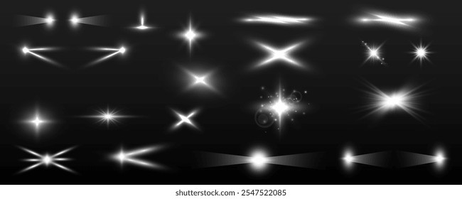 Conjunto de efectos de luz blanca brillante, resplandor, explosión, resplandor, polvo, líneas, resplandor solar, chispas y estrellas, foco para ilustraciones de vacaciones de Navidades.	