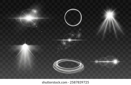 Set of bright white light effects, including speed motion trails, neon rings, glowing squares, sparkling stars, and spotlights. Ideal for futuristic design, digital art, and sci-fi graphics