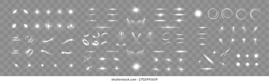 Un conjunto de efectos de luz blanca brillante con destellos, rayas, brillos y destellos. Una colección versátil de bengalas para decoración fotográfica, superposiciones y diseño de iluminación.