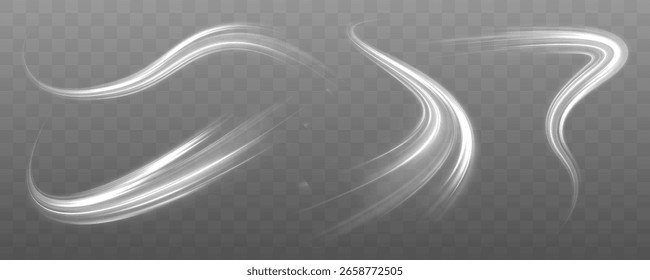 Set of bright white light lines in wave form with dynamic motion and bokeh star trail effects. Festive decoration in the form of luminous flying wind surrounded by light dust and white speed lines.