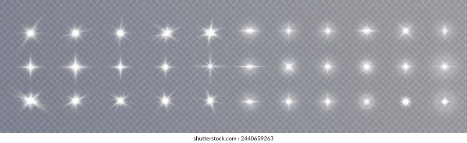 Set of bright white twinkling stars with highlights. A bright set of lighting effects. vector png