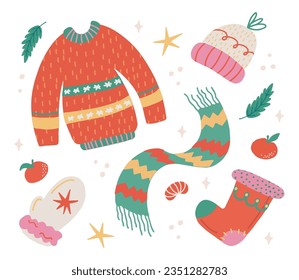 Set of bright winter clothing. Christmas and New Year concept. Festive sweater, scarf, knitted hat, mittens. Hand drawn vector isolated clipart