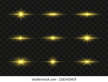 Set of bright yellow flashes, lights and sparks on a transparent background. Abstract flash with glowing line, sunrise, shining stars. Ray shining border. Vector illustration