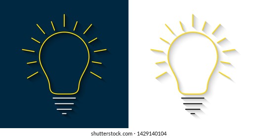 Set of bright yellow light bulb thin line icons with rays and shadow. Idea and creativity symbols.