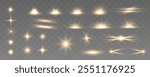 Set of bright yellow light effects: stars, sun, flash, scroll lines for Christmas holidays. Gold light spiral effect. Glittering wavy trail.	