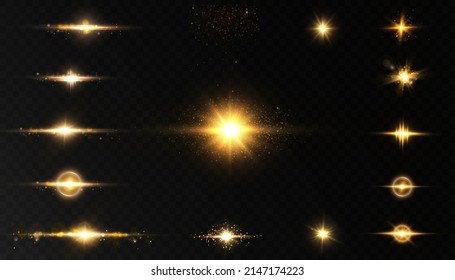 Set of bright yellow light effects with rays and highlights for vector illustration.