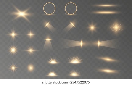 Conjunto de efectos de luz amarilla brillante: estrellas, sol, flash, líneas de desplazamiento para vacaciones de Navidad. Efecto espiral de luz dorada. Sendero ondulado brillante.	