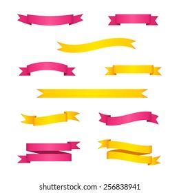 Set of bright yellow and pink ribbon banners. Vector illustration.