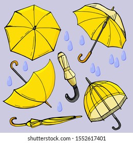 Set of bright, yellow umbrellas with raindrops.
