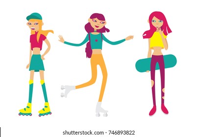 Set with bright young girls skating and rolling. Flat isolated characters in funny style. Sport girls