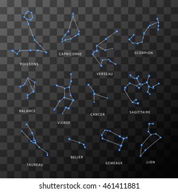 Set of bright zodiac constellations on transparent background